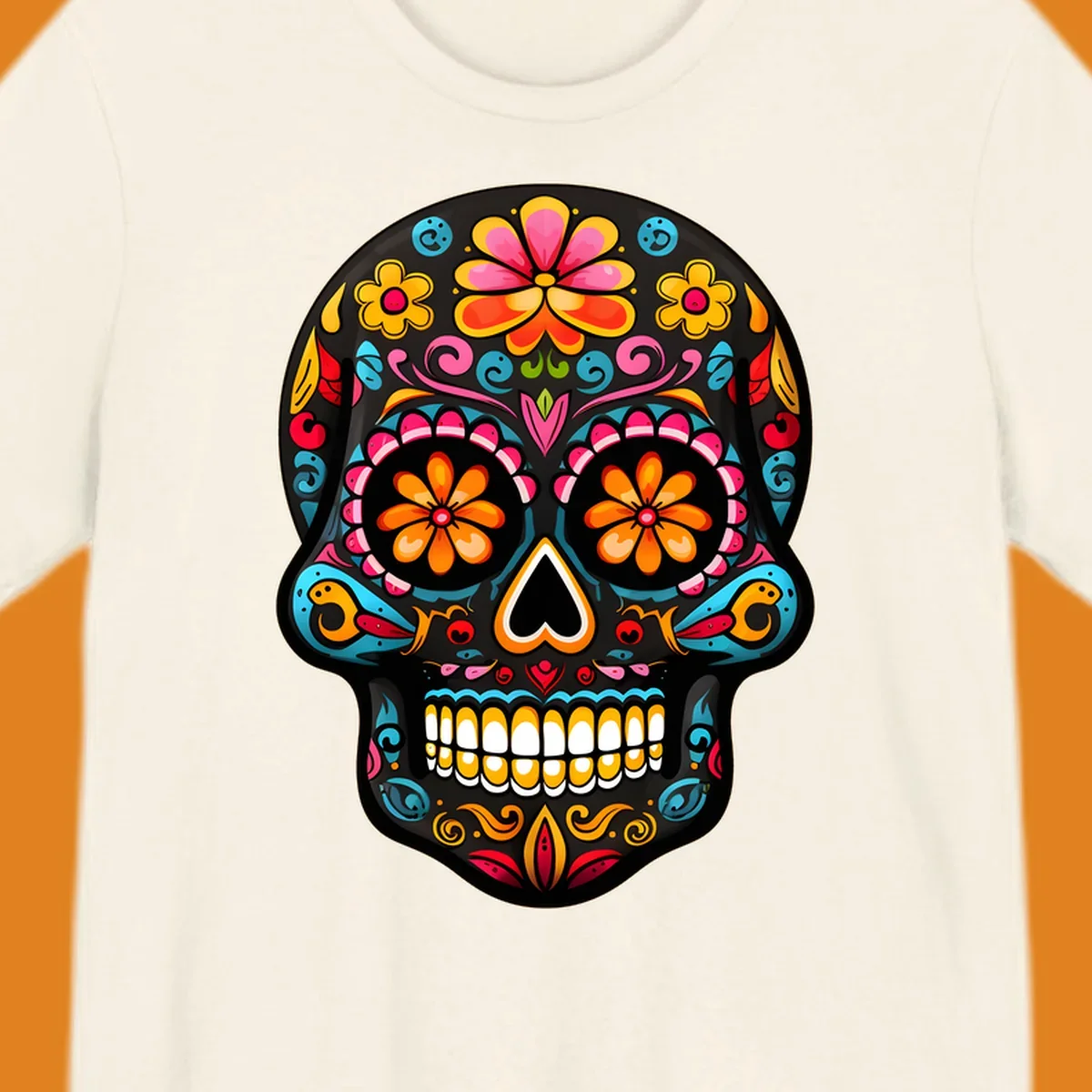 Vibrant floral sugar skull (calavera) illustration with bright flowers, swirls, and a heart nose.