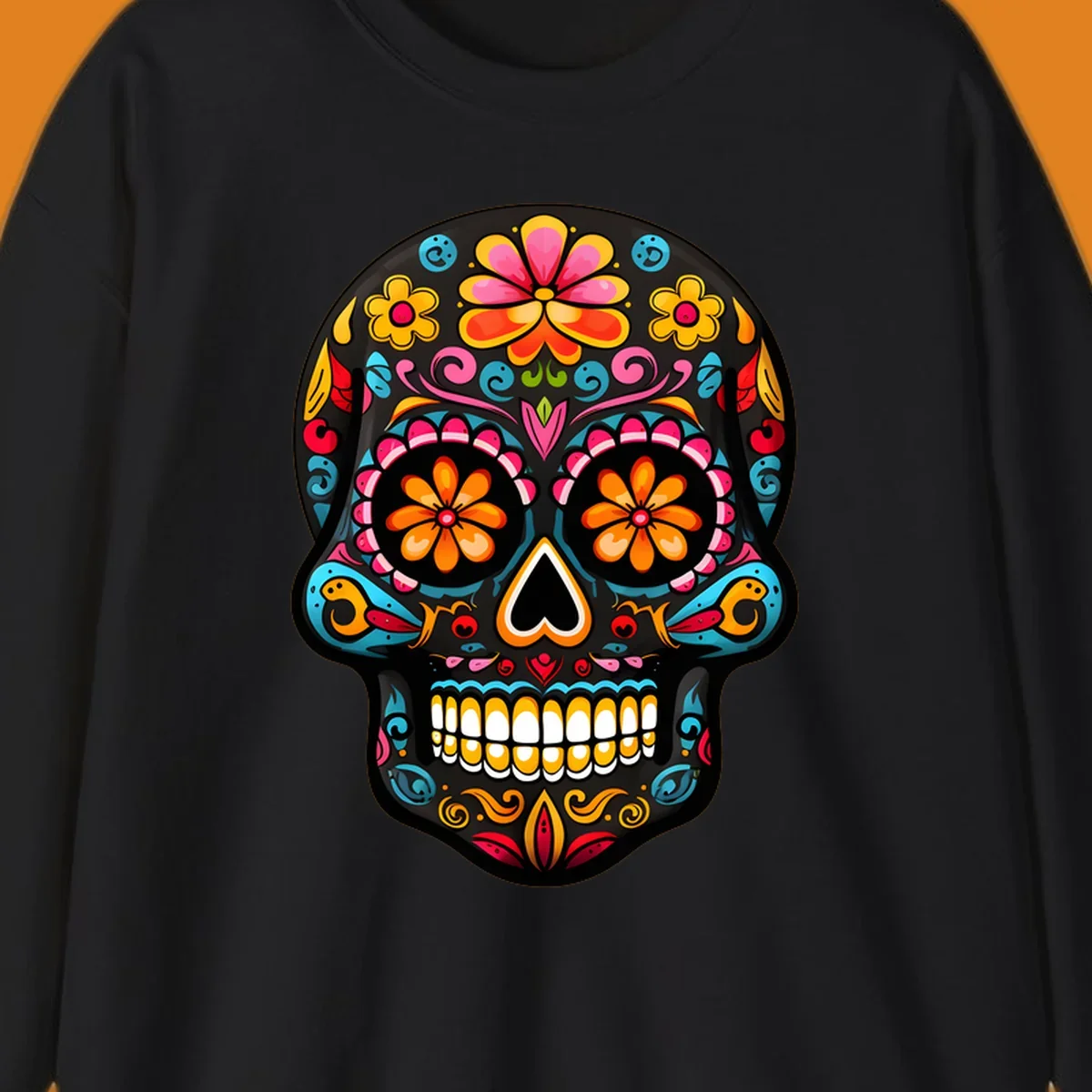 Vibrant floral sugar skull (calavera) illustration with bright flowers, swirls, and a heart nose.