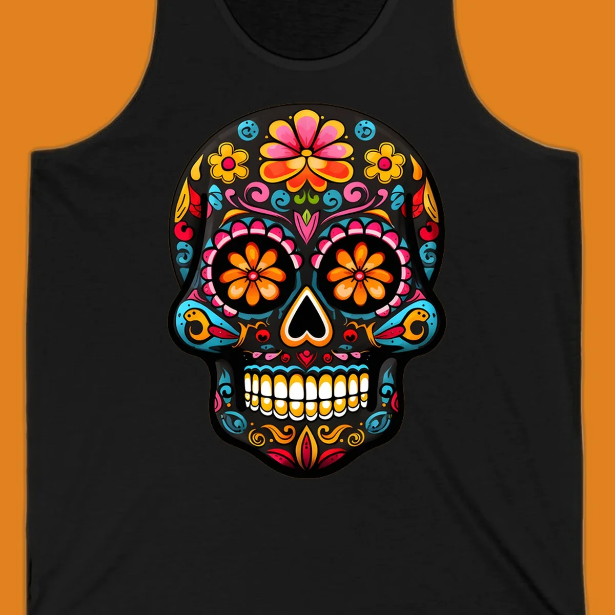Vibrant floral sugar skull (calavera) illustration with bright flowers, swirls, and a heart nose.