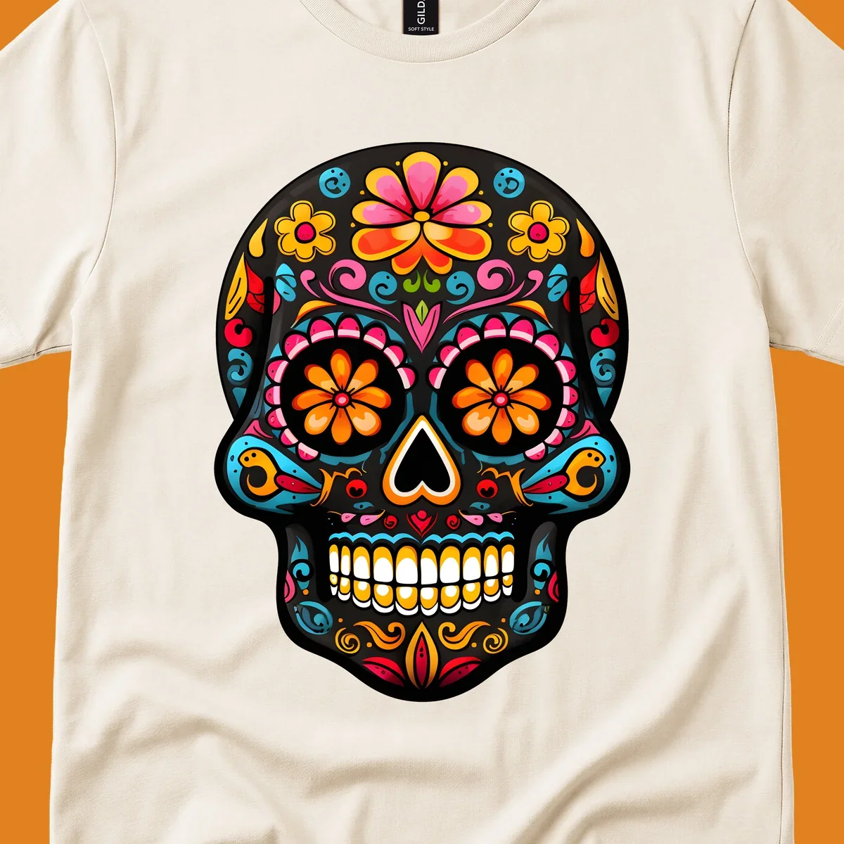 Vibrant floral sugar skull (calavera) illustration with bright flowers, swirls, and a heart nose.