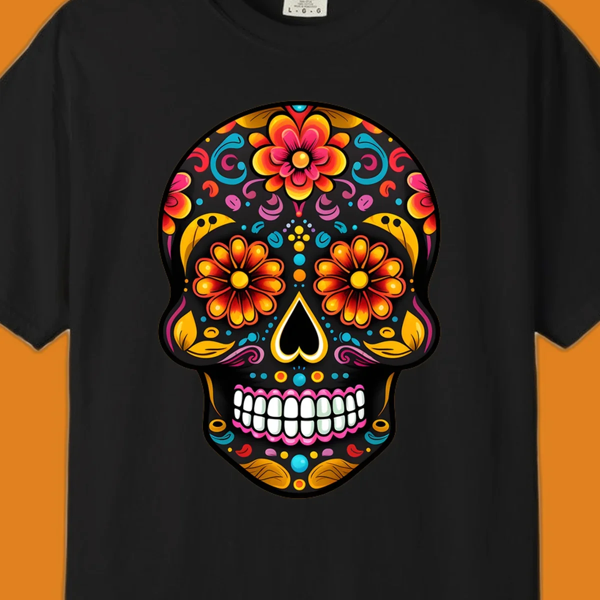 A vibrantly colored floral sugar skull, or calavera, with large flower eyes, a heart nose, and white teeth.