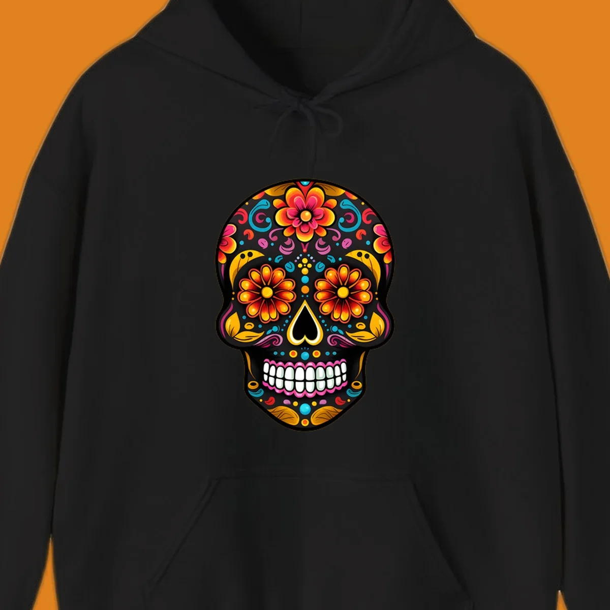 A vibrantly colored floral sugar skull, or calavera, with large flower eyes, a heart nose, and white teeth.