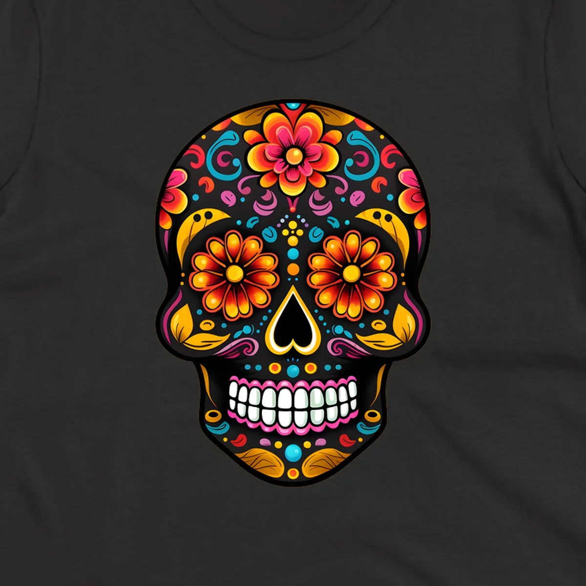 A vibrantly colored floral sugar skull, or calavera, with large flower eyes, a heart nose, and white teeth.