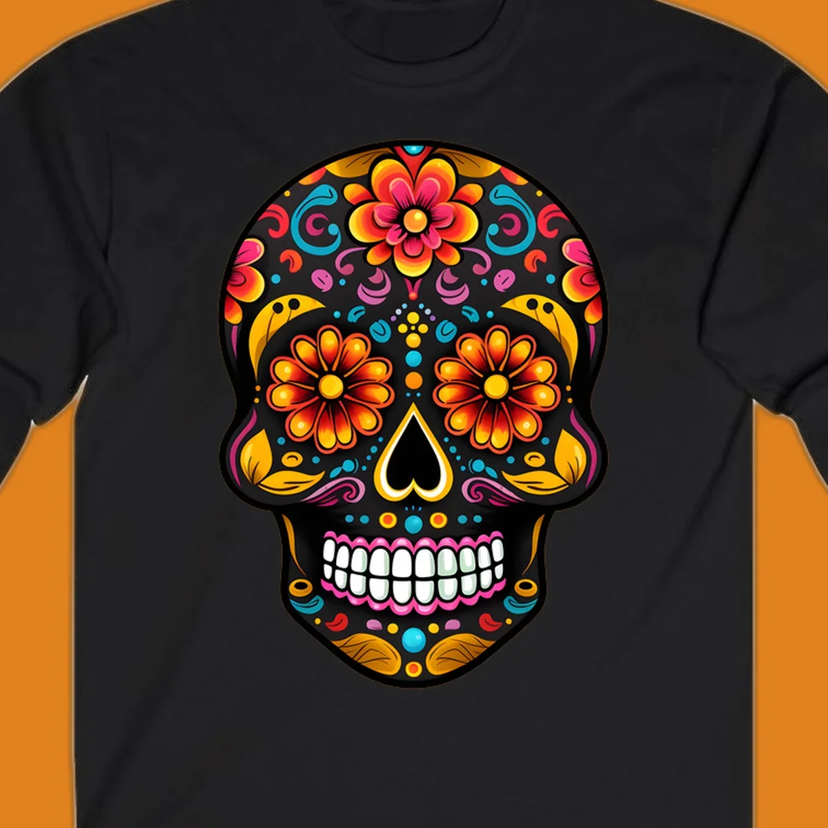 A vibrantly colored floral sugar skull, or calavera, with large flower eyes, a heart nose, and white teeth.