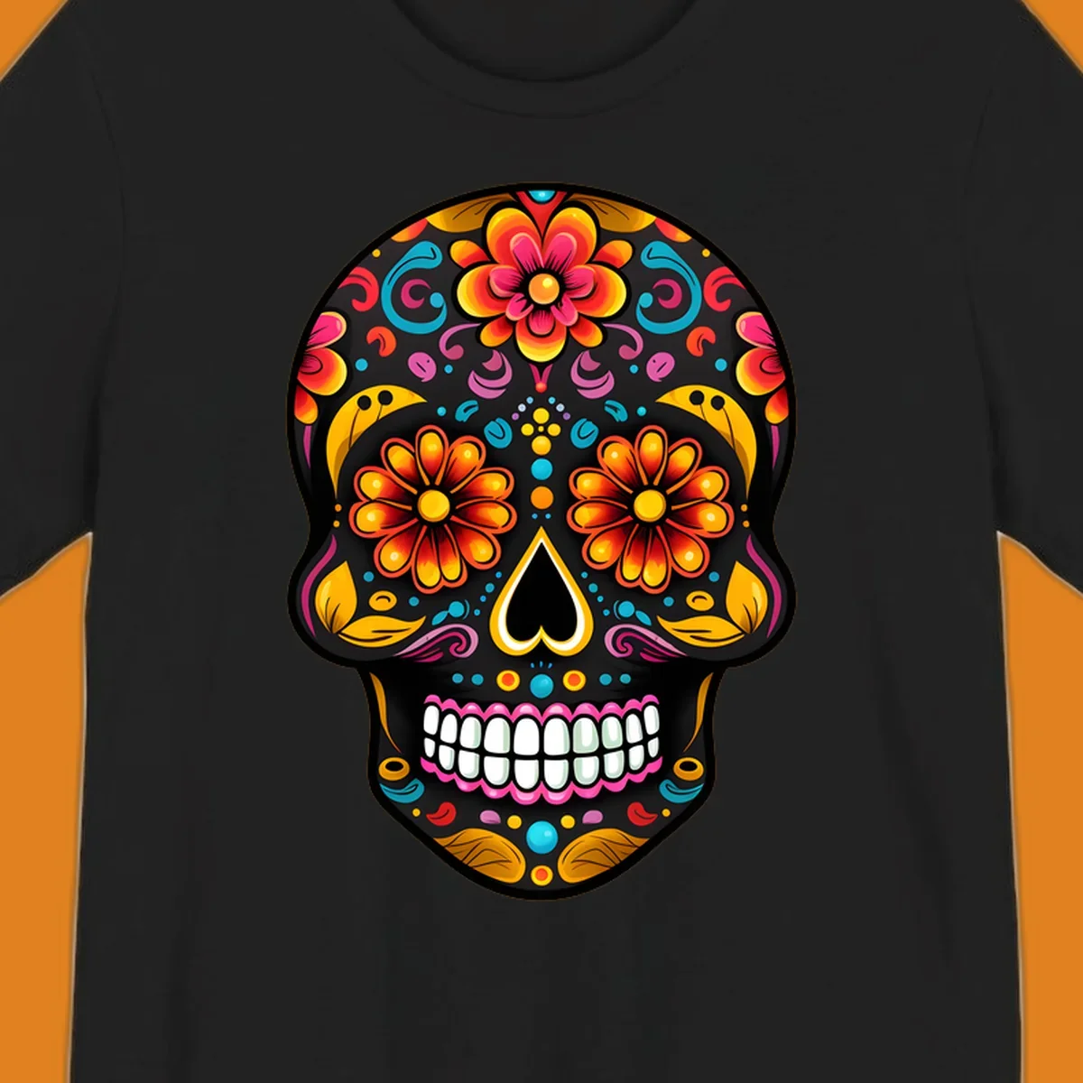 A vibrantly colored floral sugar skull, or calavera, with large flower eyes, a heart nose, and white teeth.