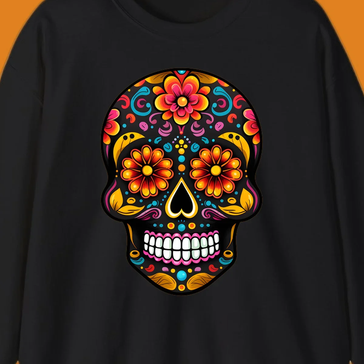A vibrantly colored floral sugar skull, or calavera, with large flower eyes, a heart nose, and white teeth.