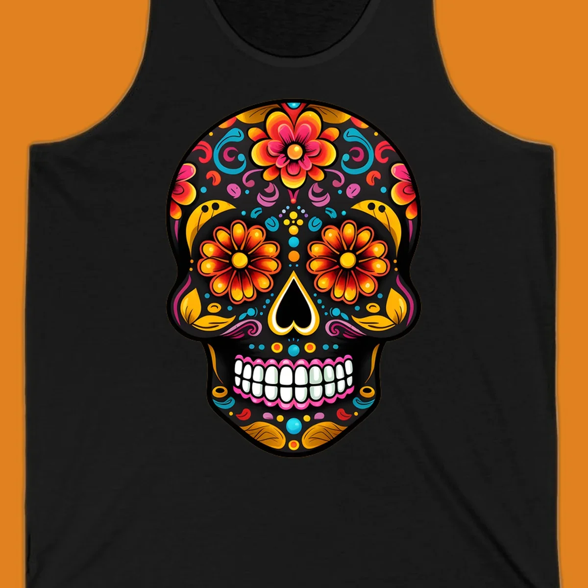 A vibrantly colored floral sugar skull, or calavera, with large flower eyes, a heart nose, and white teeth.