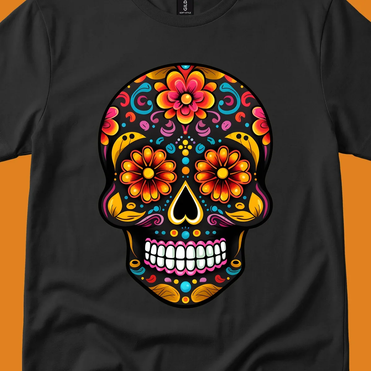 A vibrantly colored floral sugar skull, or calavera, with large flower eyes, a heart nose, and white teeth.