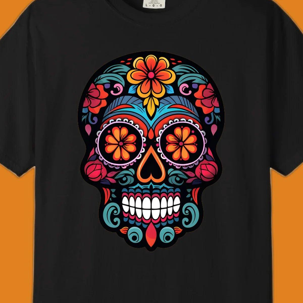 A vibrant, ornate Día de los Muertos sugar skull design with colorful flowers and intricate patterns.