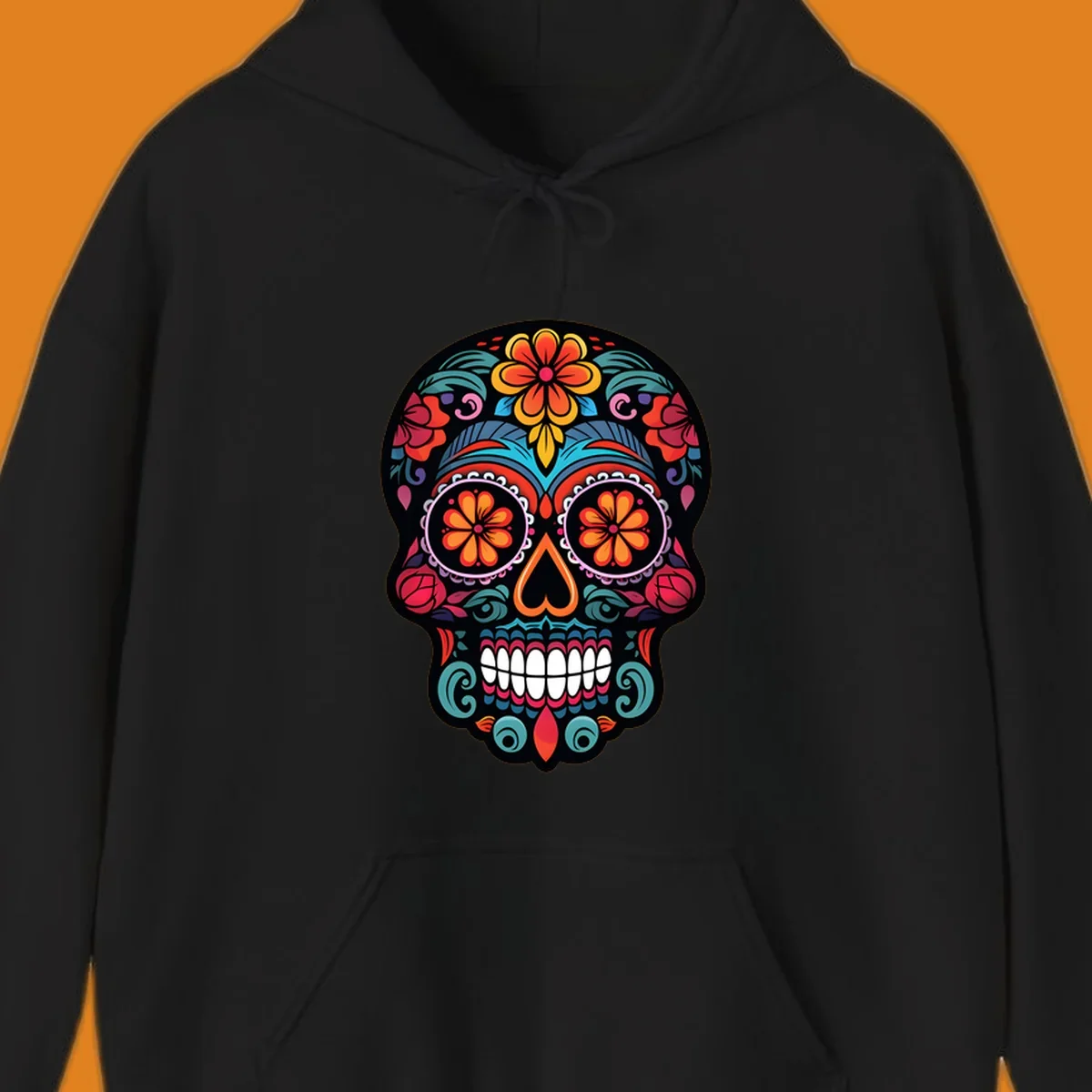 A vibrant, ornate Día de los Muertos sugar skull design with colorful flowers and intricate patterns.
