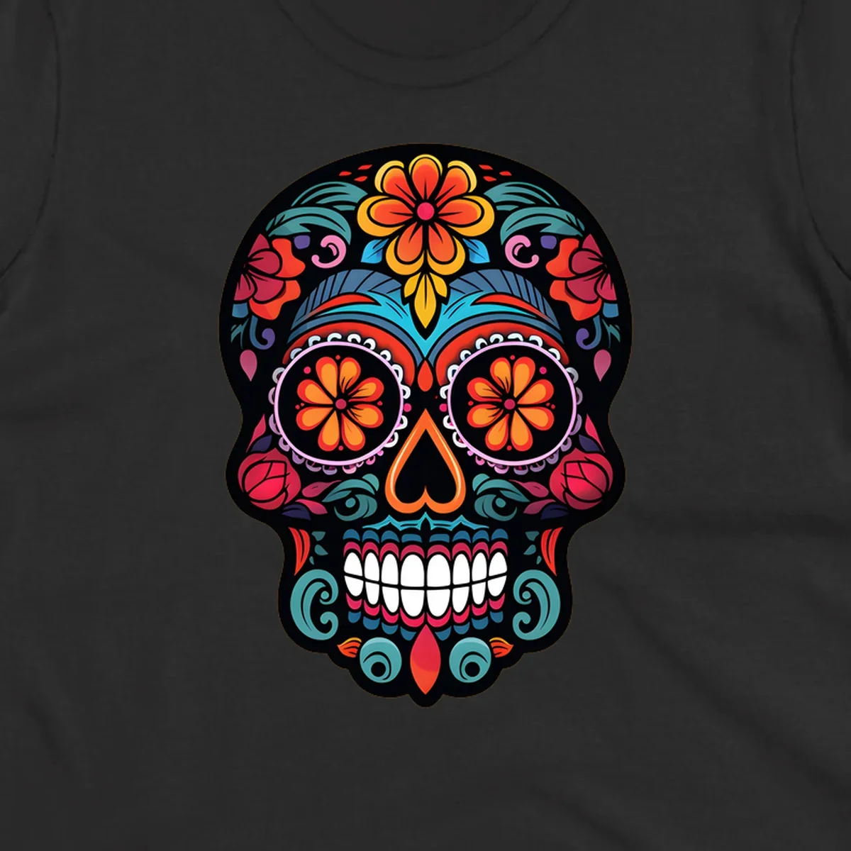 A vibrant, ornate Día de los Muertos sugar skull design with colorful flowers and intricate patterns.