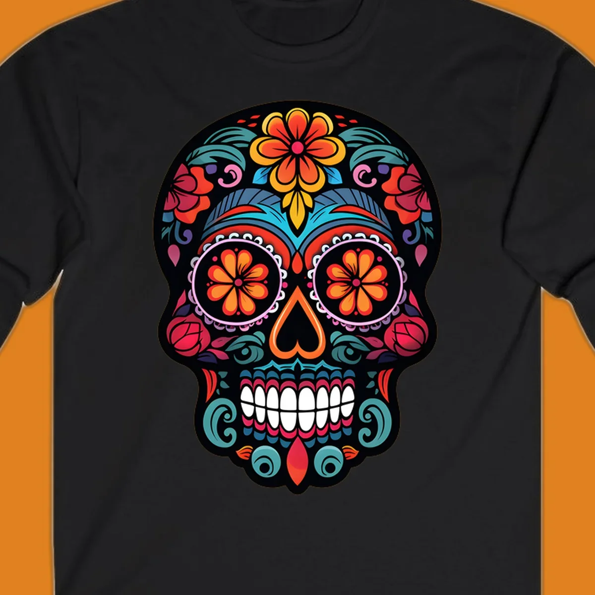 A vibrant, ornate Día de los Muertos sugar skull design with colorful flowers and intricate patterns.