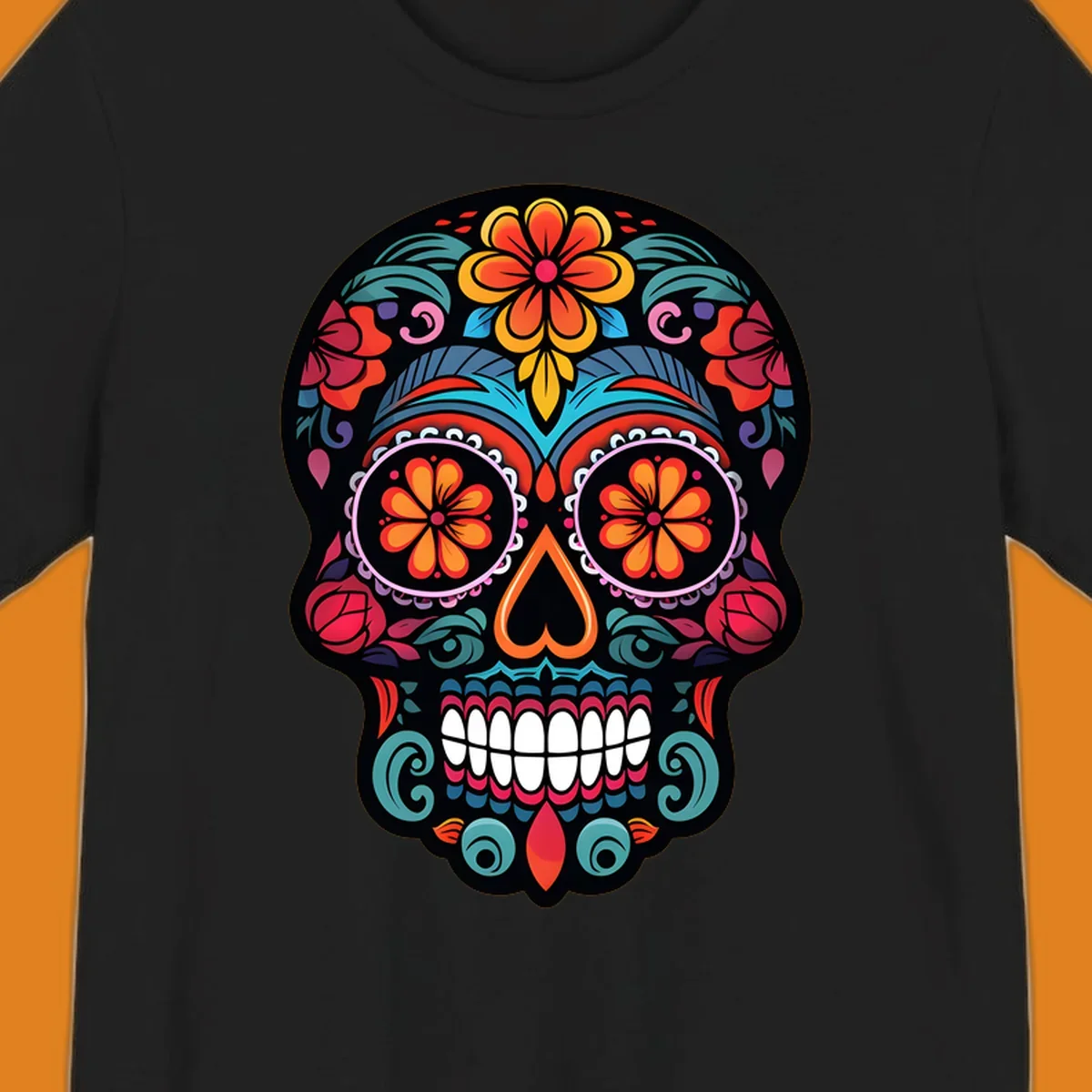 A vibrant, ornate Día de los Muertos sugar skull design with colorful flowers and intricate patterns.