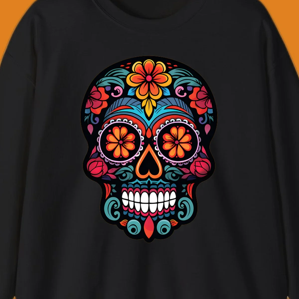 A vibrant, ornate Día de los Muertos sugar skull design with colorful flowers and intricate patterns.