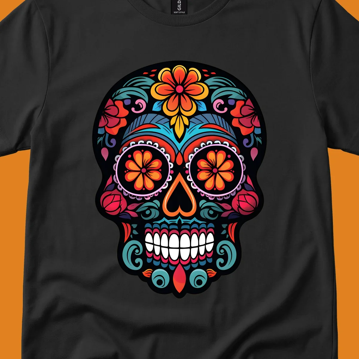 A vibrant, ornate Día de los Muertos sugar skull design with colorful flowers and intricate patterns.
