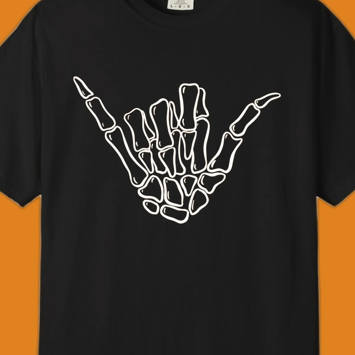 Stylized white skeleton hand performing a hang loose gesture, showcasing individual bones for an anatomical skeleton-hang-loose-hand design.