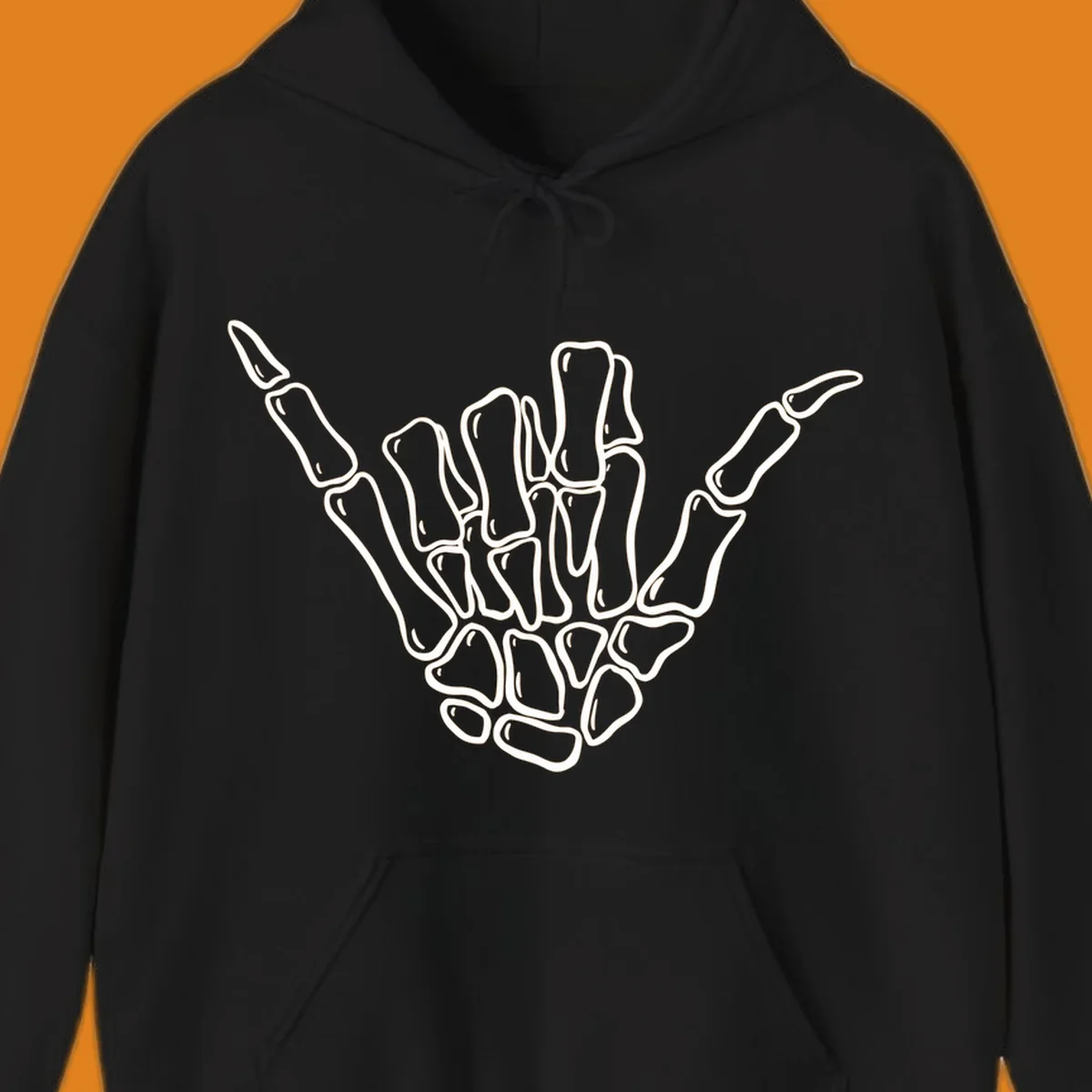 Stylized white skeleton hand performing a hang loose gesture, showcasing individual bones for an anatomical skeleton-hang-loose-hand design.