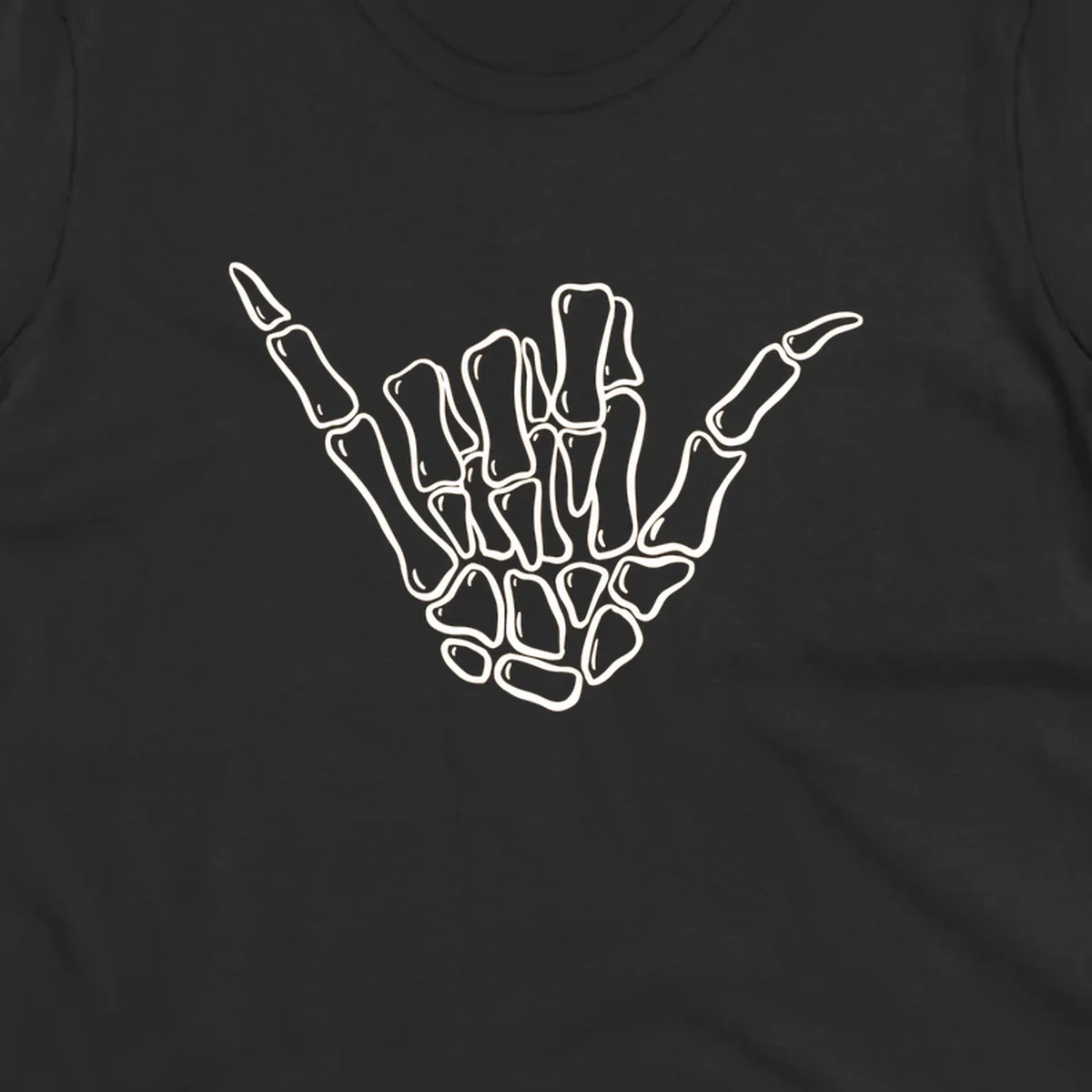 Stylized white skeleton hand performing a hang loose gesture, showcasing individual bones for an anatomical skeleton-hang-loose-hand design.