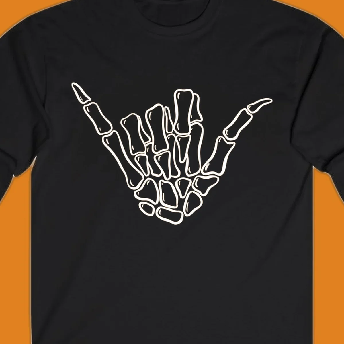 Stylized white skeleton hand performing a hang loose gesture, showcasing individual bones for an anatomical skeleton-hang-loose-hand design.