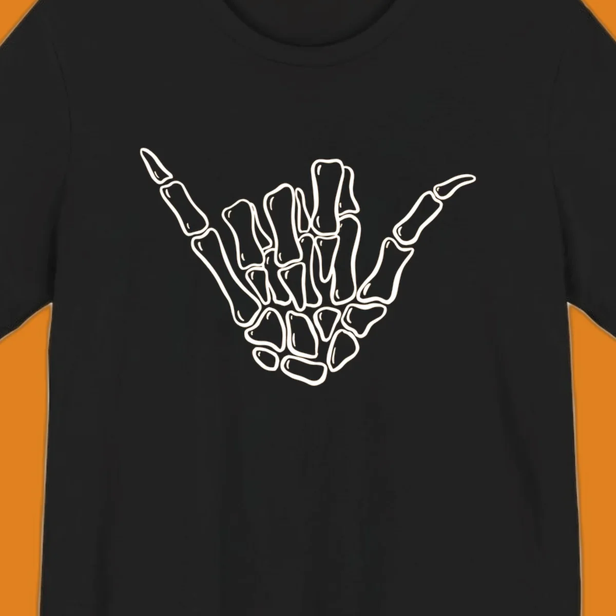 Stylized white skeleton hand performing a hang loose gesture, showcasing individual bones for an anatomical skeleton-hang-loose-hand design.