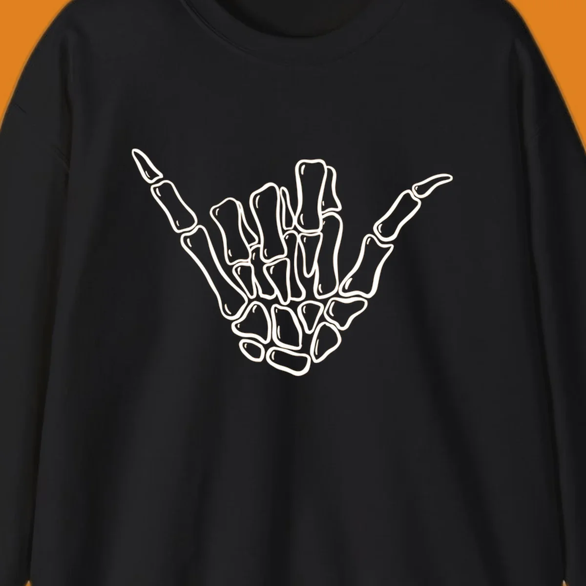 Stylized white skeleton hand performing a hang loose gesture, showcasing individual bones for an anatomical skeleton-hang-loose-hand design.