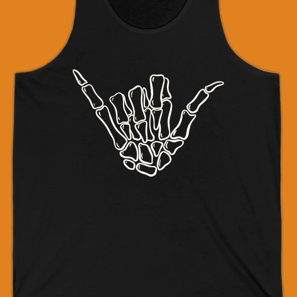 Stylized white skeleton hand performing a hang loose gesture, showcasing individual bones for an anatomical skeleton-hang-loose-hand design.