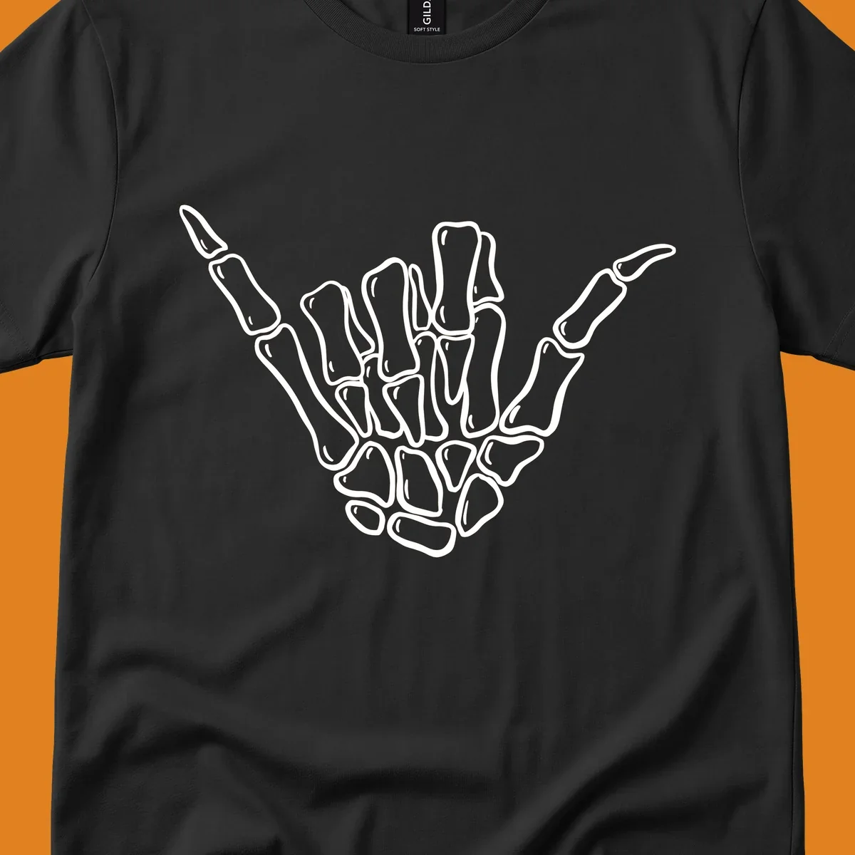 Stylized white skeleton hand performing a hang loose gesture, showcasing individual bones for an anatomical skeleton-hang-loose-hand design.