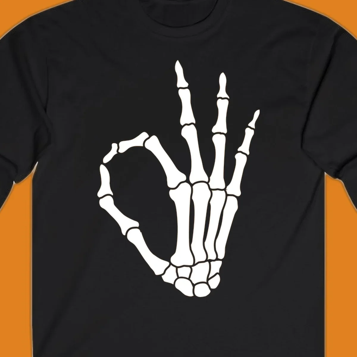 A white skeleton hand forms the 'okay' sign, with thumb and index finger creating a circle. A minimalist skeleton-hand-okay-sign.