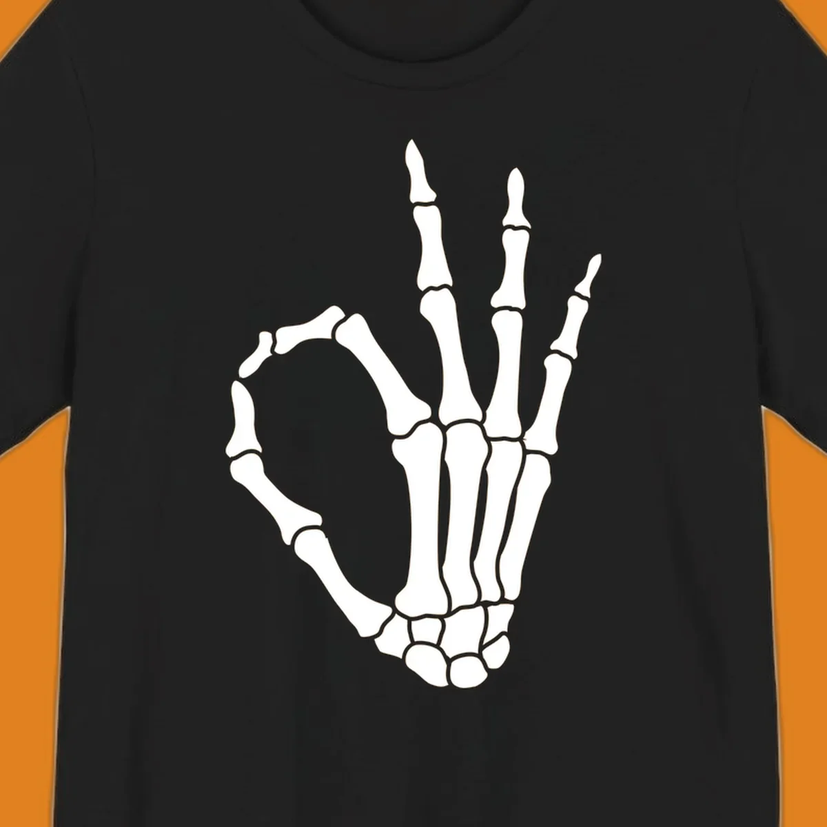 A white skeleton hand forms the 'okay' sign, with thumb and index finger creating a circle. A minimalist skeleton-hand-okay-sign.