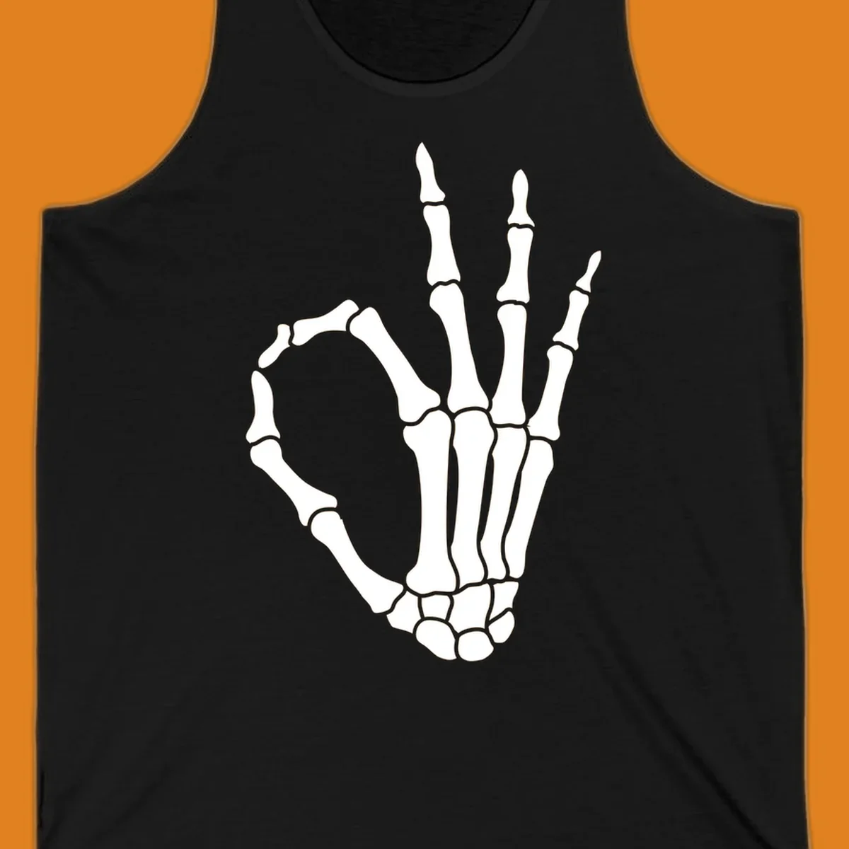 A white skeleton hand forms the 'okay' sign, with thumb and index finger creating a circle. A minimalist skeleton-hand-okay-sign.