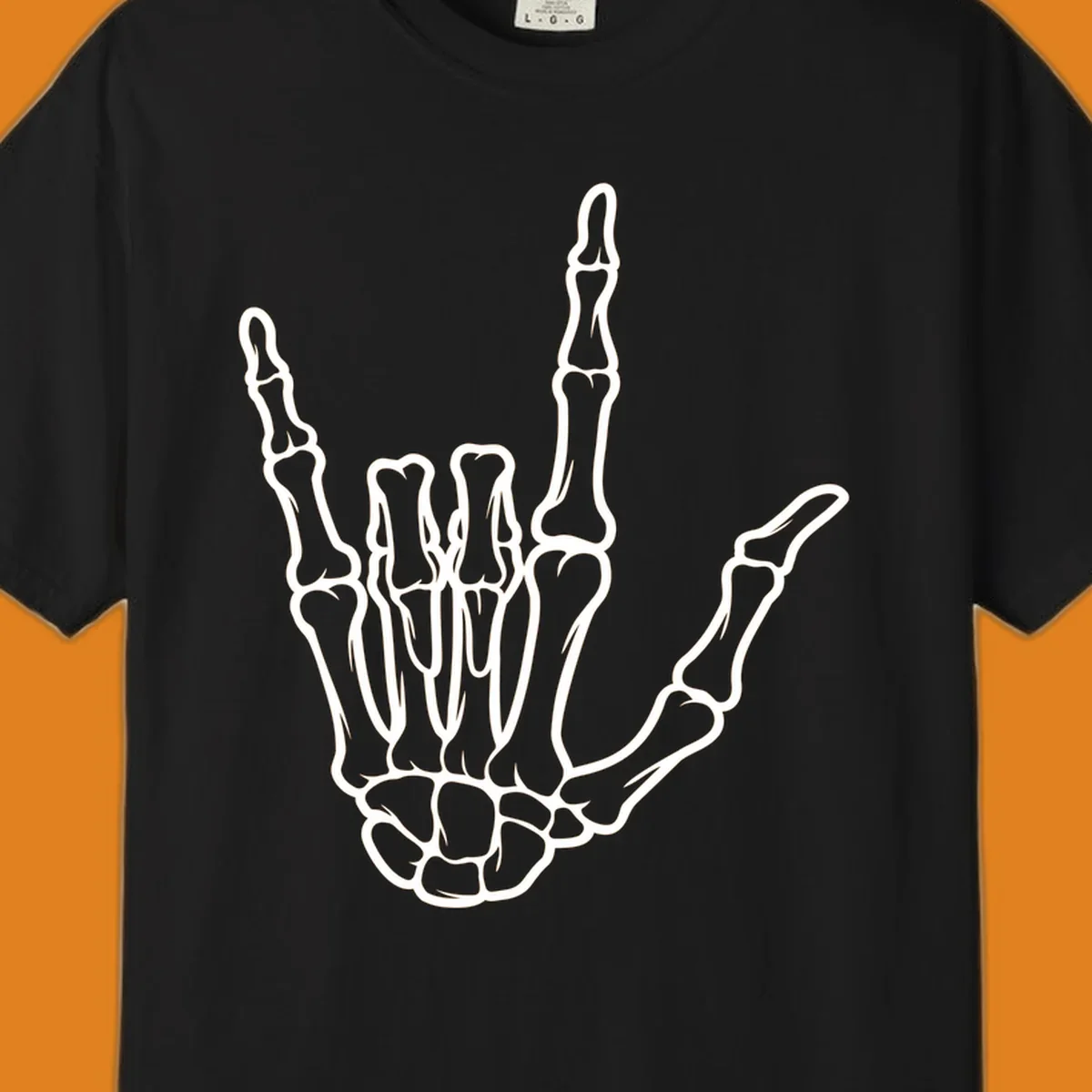 A white skeletal hand making the 'I Love You' sign, showing detailed finger bones and a clear outline. (skeleton-i-love-you-sign)