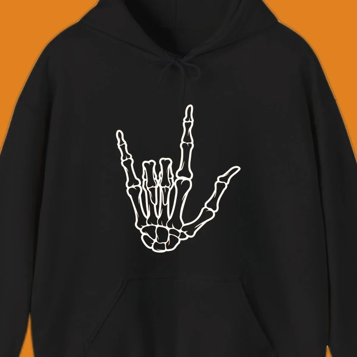 A white skeletal hand making the 'I Love You' sign, showing detailed finger bones and a clear outline. (skeleton-i-love-you-sign)