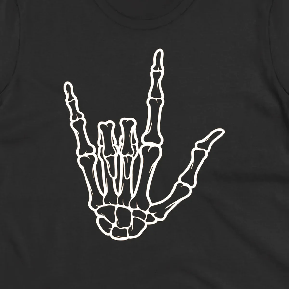A white skeletal hand making the 'I Love You' sign, showing detailed finger bones and a clear outline. (skeleton-i-love-you-sign)