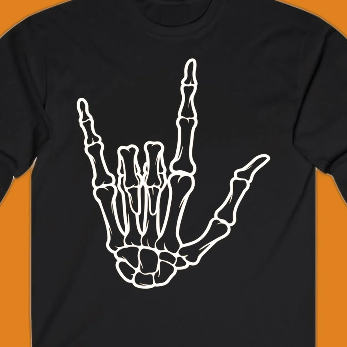A white skeletal hand making the 'I Love You' sign, showing detailed finger bones and a clear outline. (skeleton-i-love-you-sign)