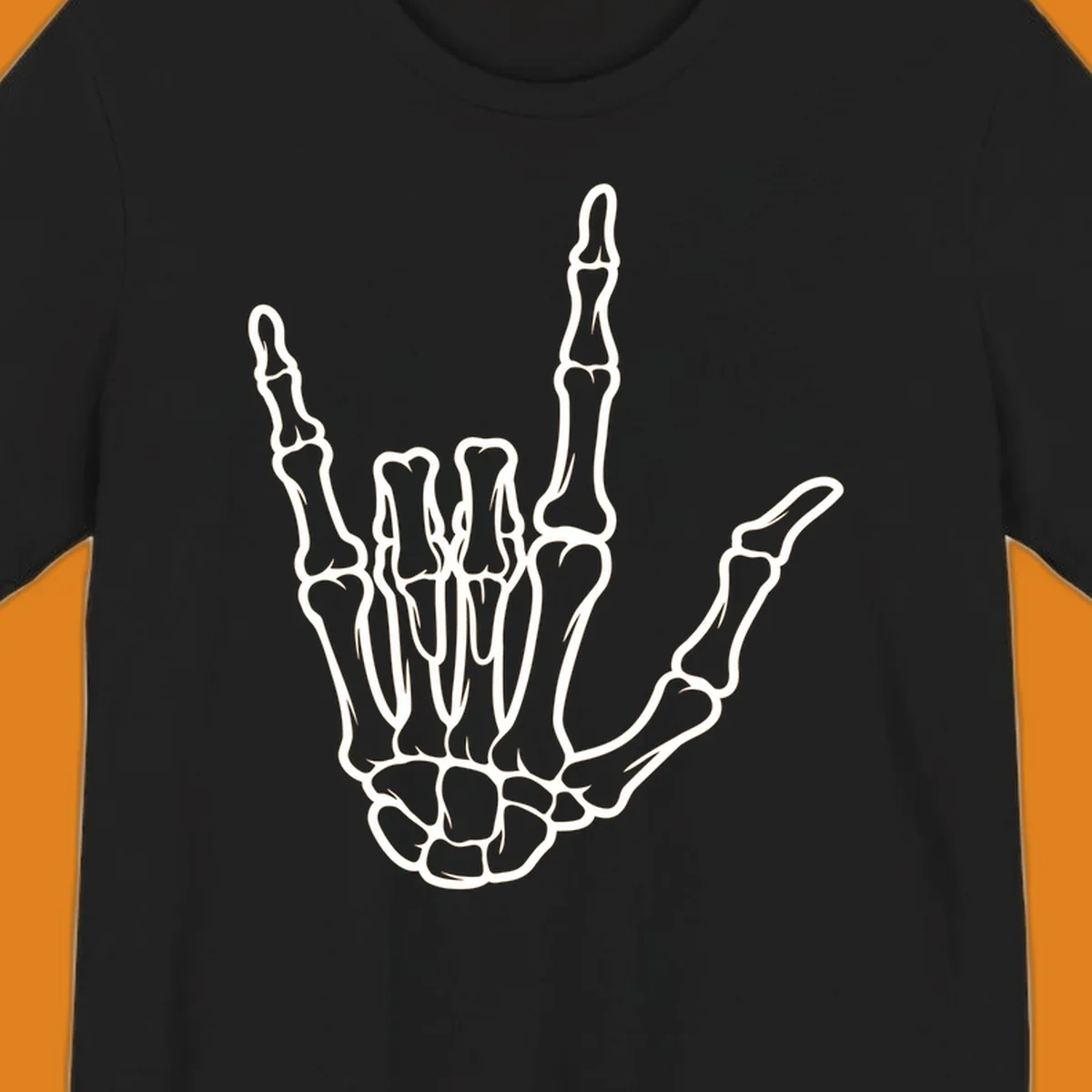 A white skeletal hand making the 'I Love You' sign, showing detailed finger bones and a clear outline. (skeleton-i-love-you-sign)