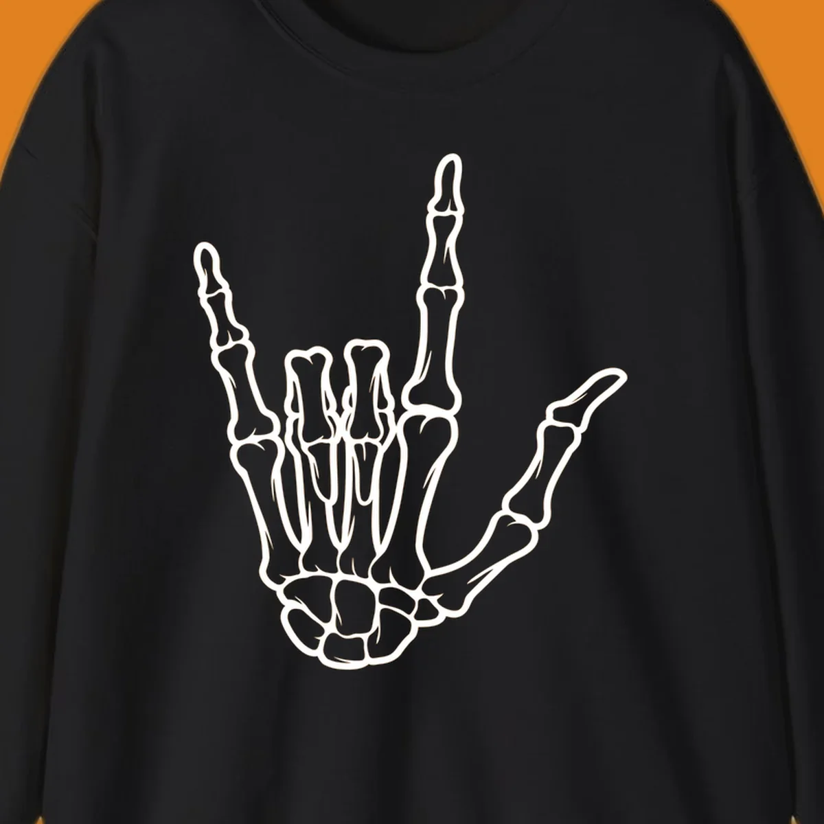 A white skeletal hand making the 'I Love You' sign, showing detailed finger bones and a clear outline. (skeleton-i-love-you-sign)