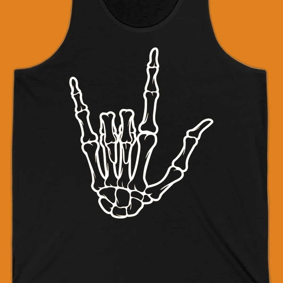 A white skeletal hand making the 'I Love You' sign, showing detailed finger bones and a clear outline. (skeleton-i-love-you-sign)