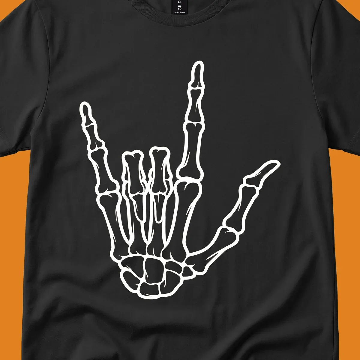 A white skeletal hand making the 'I Love You' sign, showing detailed finger bones and a clear outline. (skeleton-i-love-you-sign)