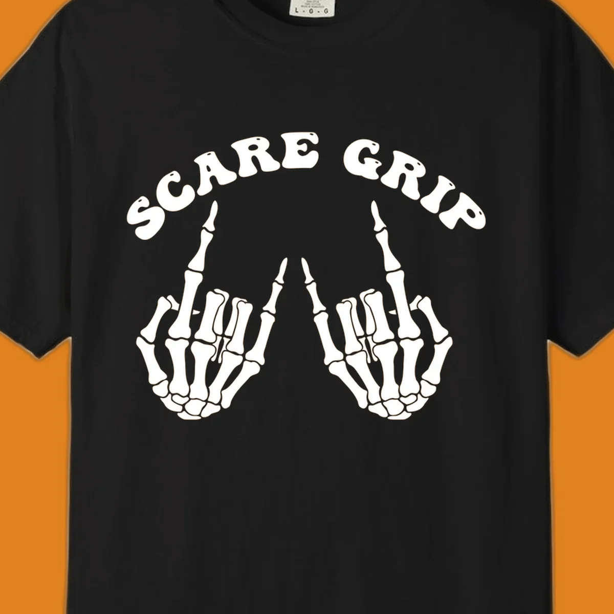 An illustration featuring the text SCARE GRIP arched over two skeleton hands giving the middle finger gesture.