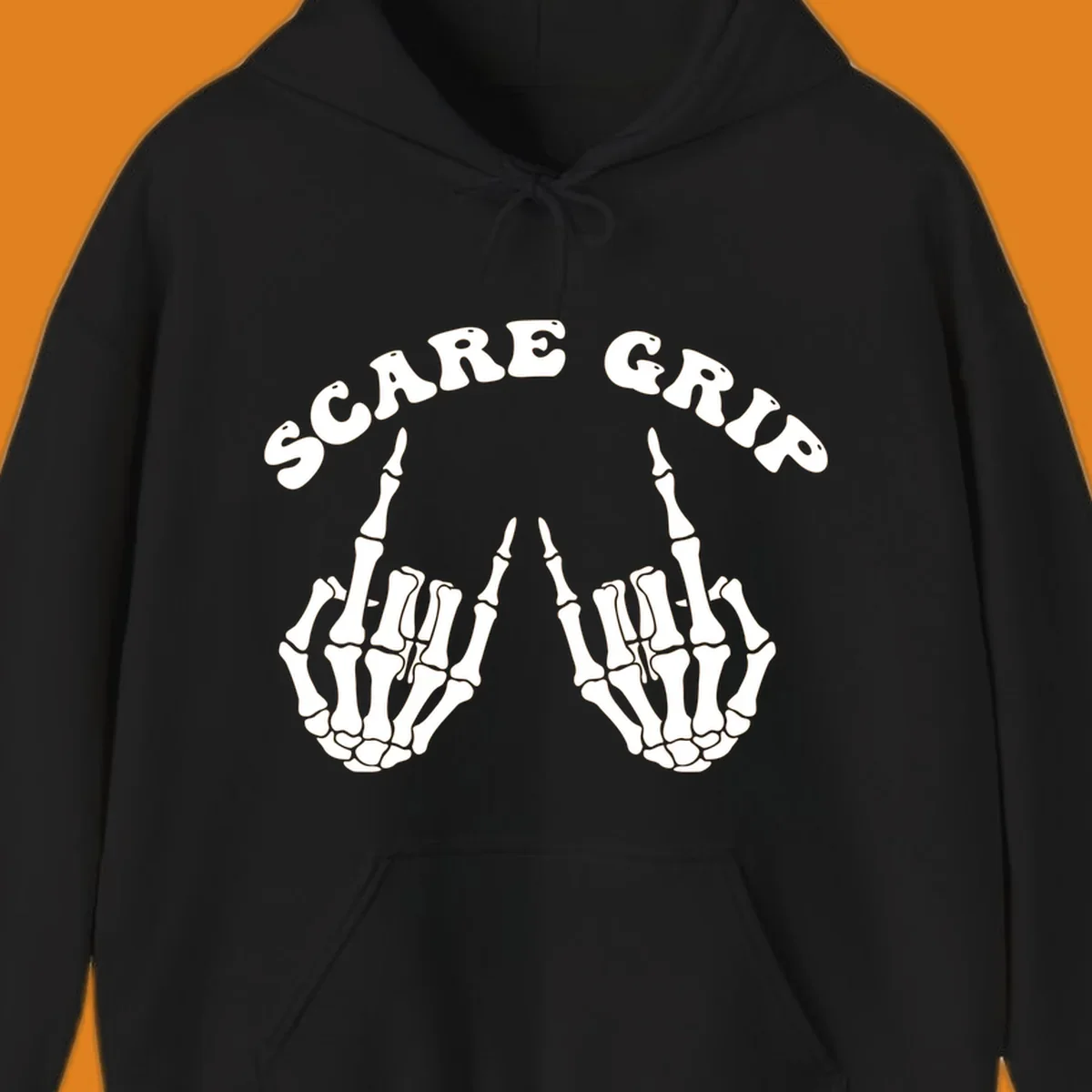 An illustration featuring the text SCARE GRIP arched over two skeleton hands giving the middle finger gesture.