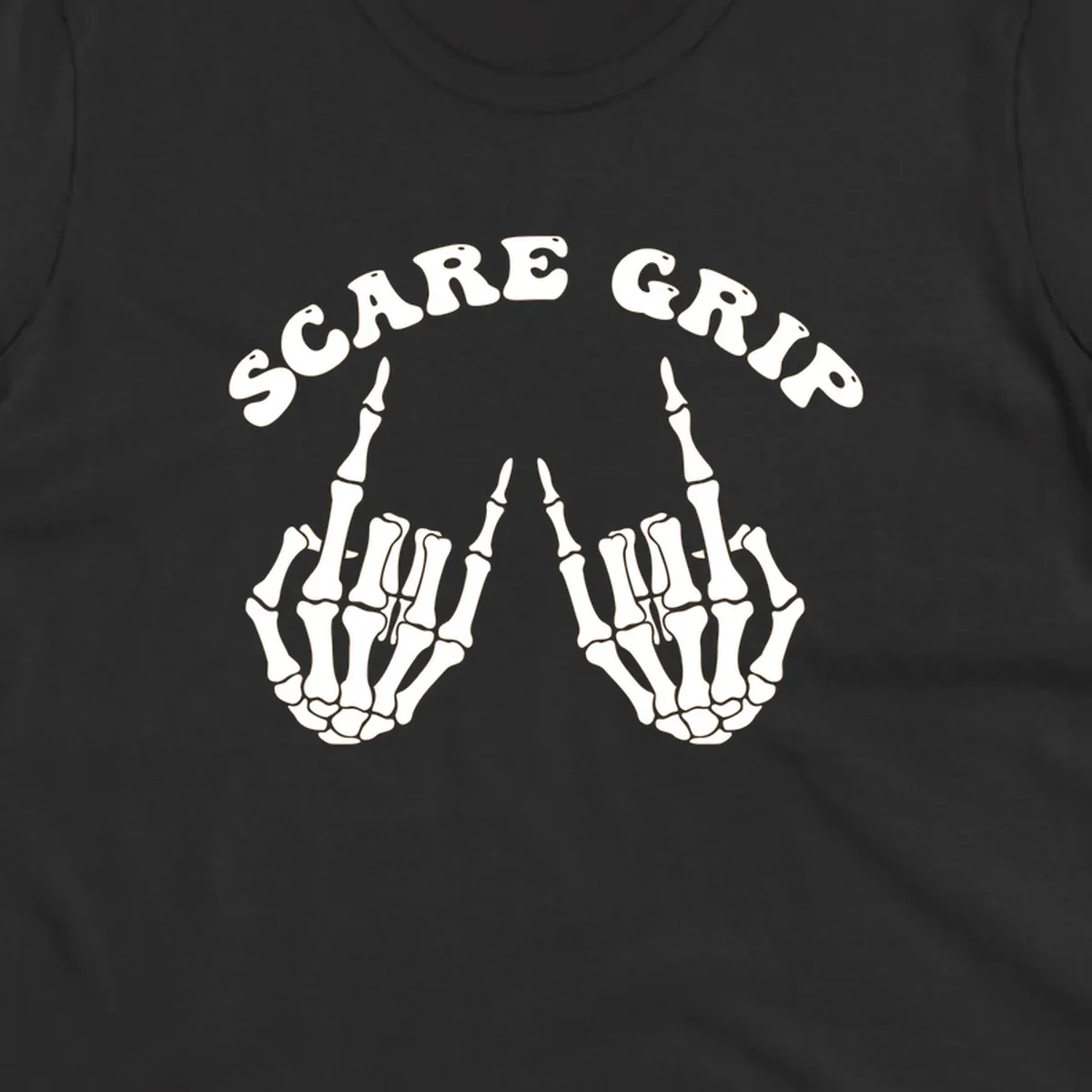 An illustration featuring the text SCARE GRIP arched over two skeleton hands giving the middle finger gesture.
