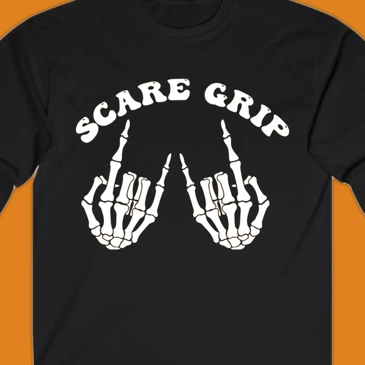 An illustration featuring the text SCARE GRIP arched over two skeleton hands giving the middle finger gesture.