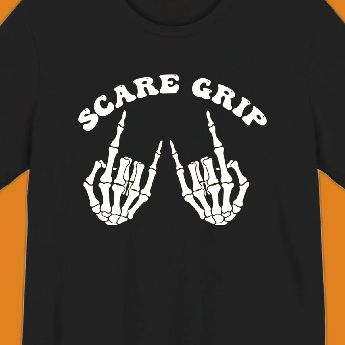 An illustration featuring the text SCARE GRIP arched over two skeleton hands giving the middle finger gesture.
