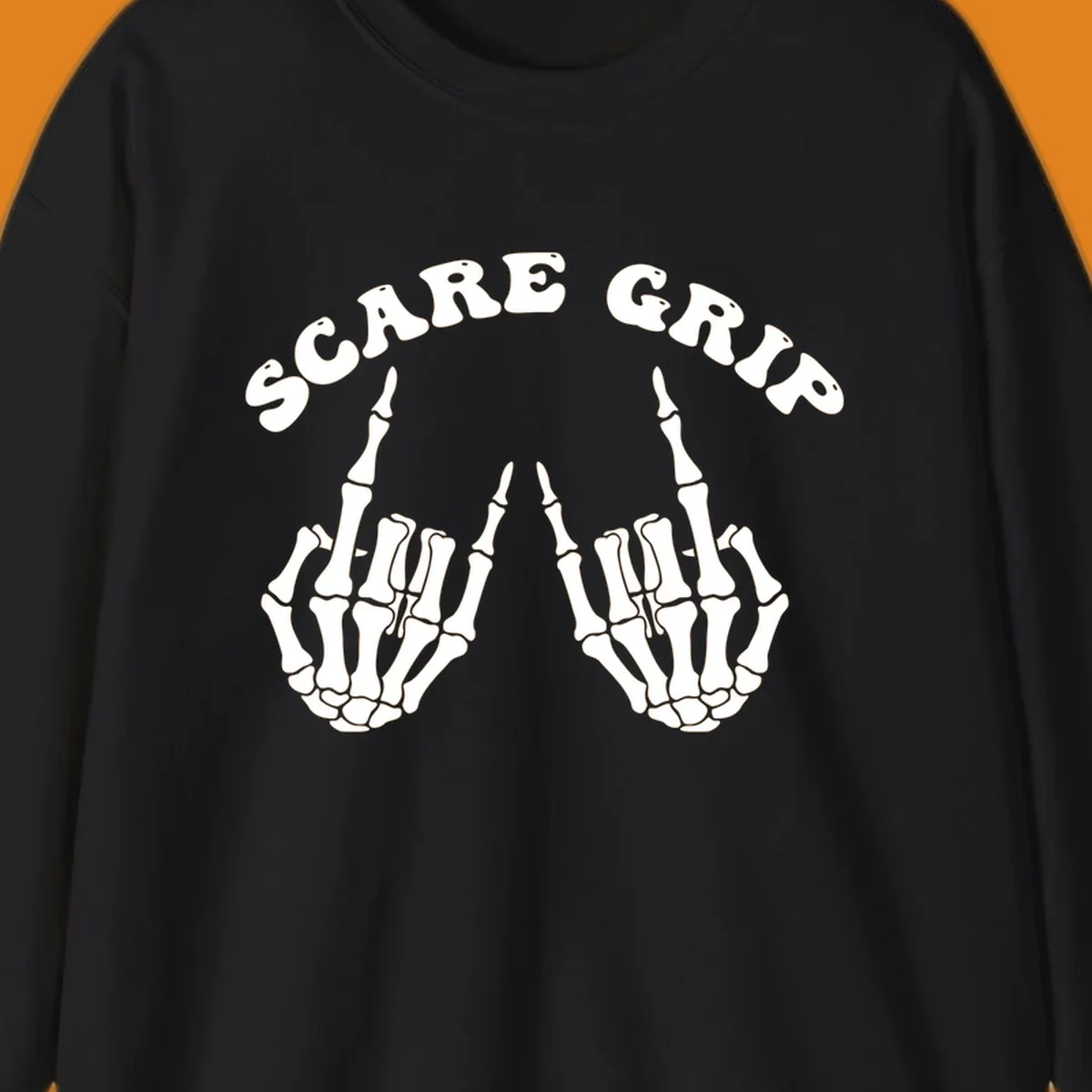 An illustration featuring the text SCARE GRIP arched over two skeleton hands giving the middle finger gesture.