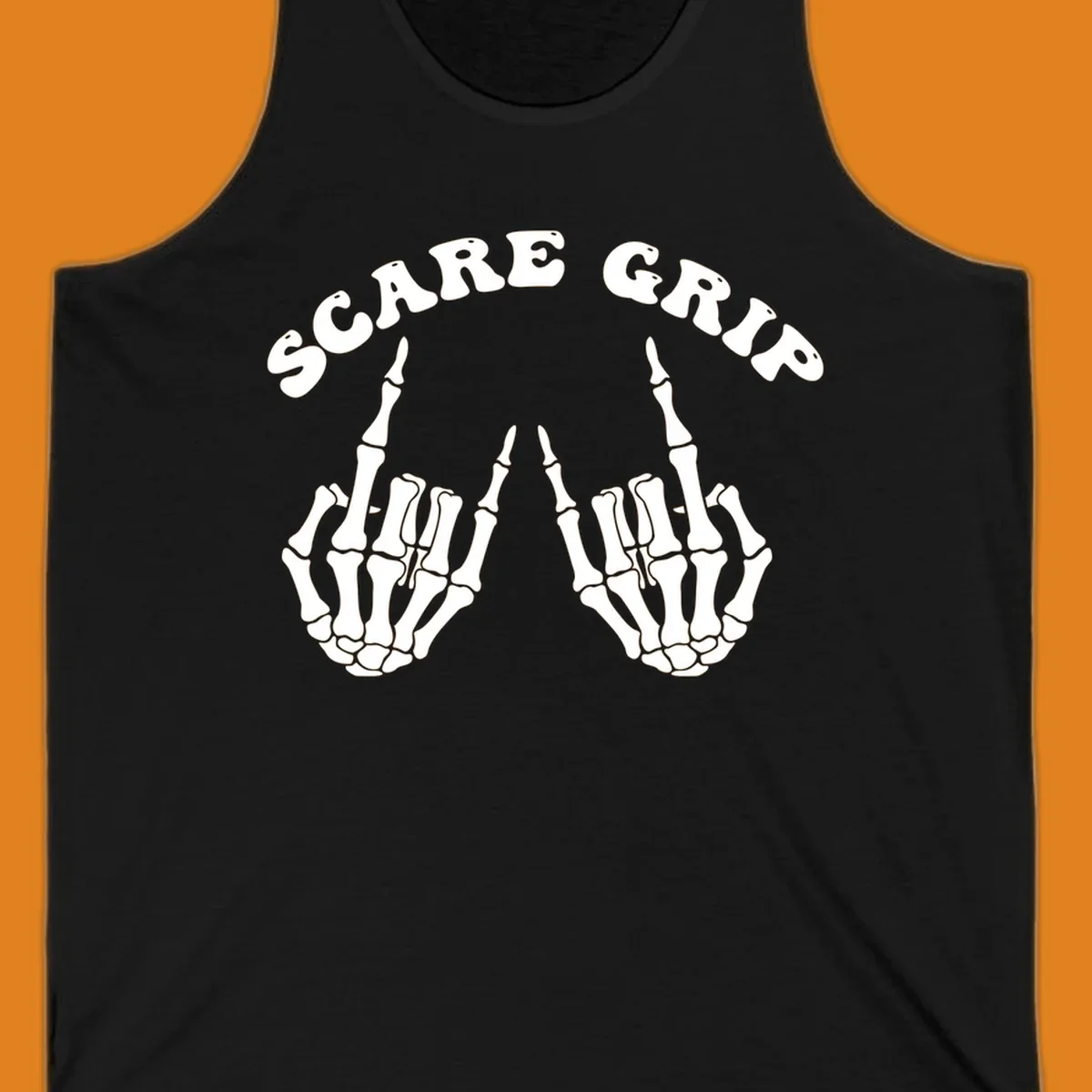 An illustration featuring the text SCARE GRIP arched over two skeleton hands giving the middle finger gesture.