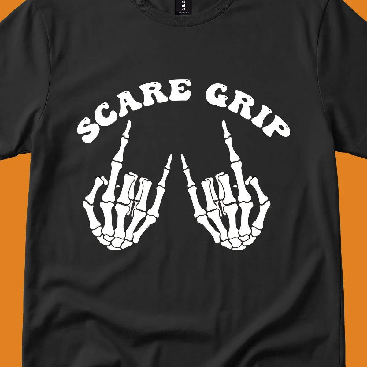 An illustration featuring the text SCARE GRIP arched over two skeleton hands giving the middle finger gesture.