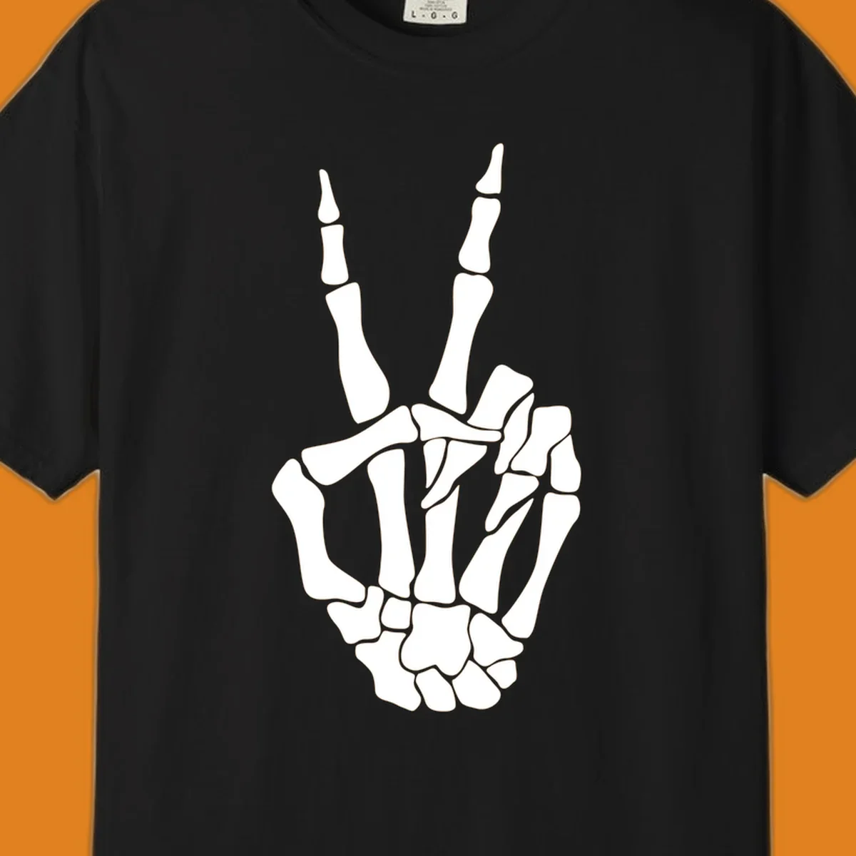 A detailed illustration of a skeletal hand making a peace sign. The bones are clearly visible, embodying the skeleton-peace-sign theme.