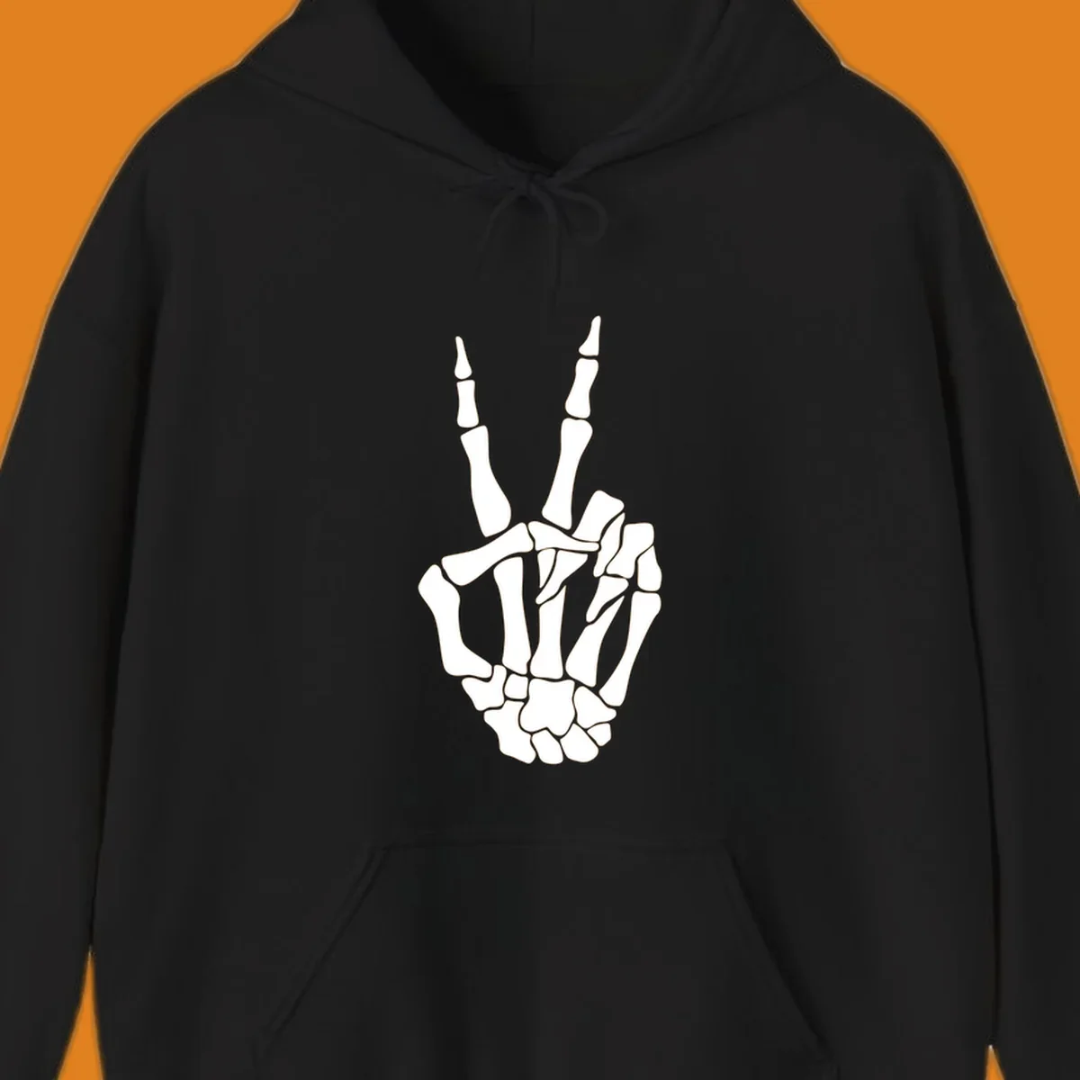 A detailed illustration of a skeletal hand making a peace sign. The bones are clearly visible, embodying the skeleton-peace-sign theme.