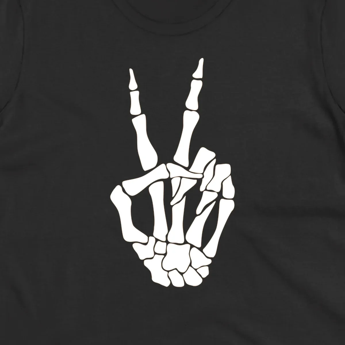 A detailed illustration of a skeletal hand making a peace sign. The bones are clearly visible, embodying the skeleton-peace-sign theme.