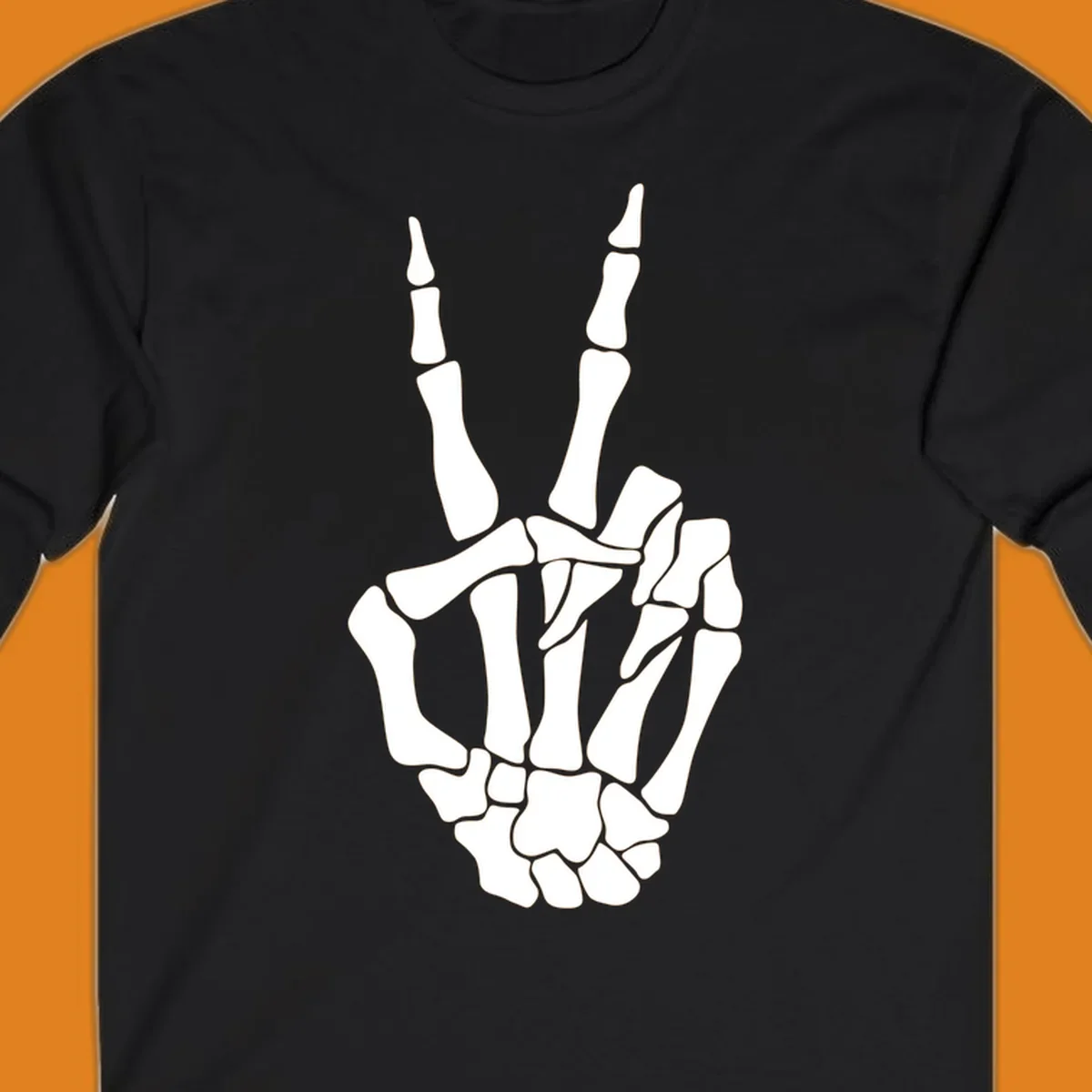 A detailed illustration of a skeletal hand making a peace sign. The bones are clearly visible, embodying the skeleton-peace-sign theme.